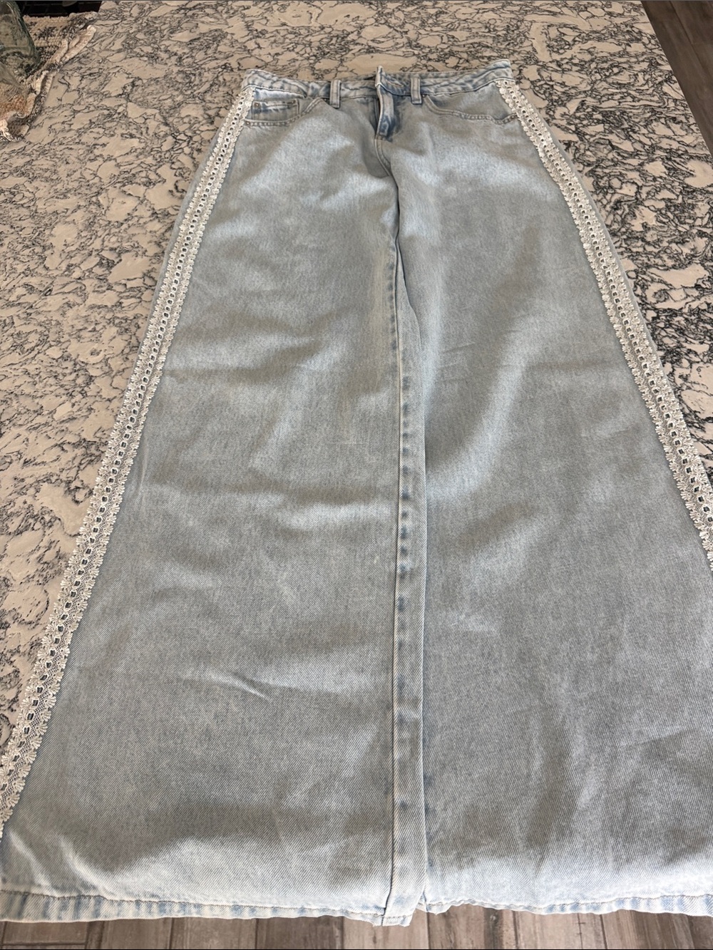 Wild fable Light Blue Wide-Leg Denim Skirt with White Lace Trim